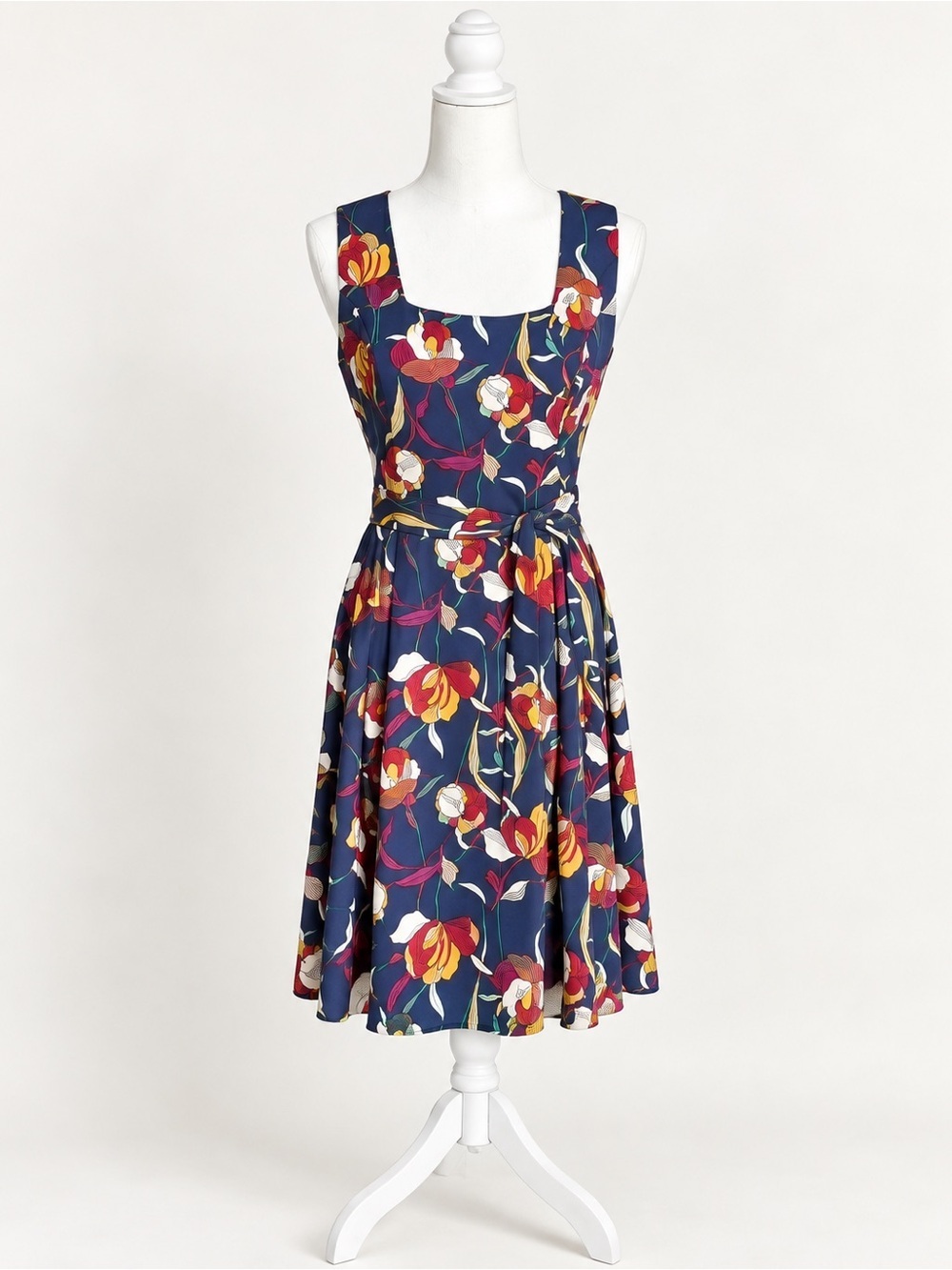 Yellow Star ModCloth Womens Dress Medium Multicolor Navy Blue Floral Sleeveless​